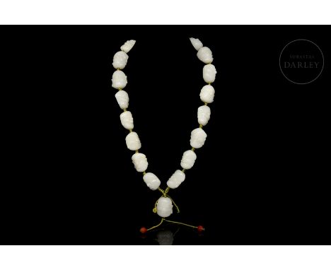Composed of 19 carved white jade beads depicting the face of a deity or Luohan with multiple expressions. The details, made b