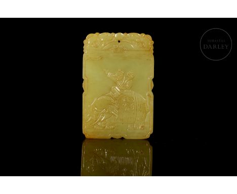 Jade of a deep yellow hue, with reddish flecks, carved in the form of a rectangular plaque with a narrow, irregularly shaped 