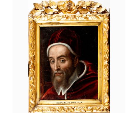 Artist 17th Century, Portrait of Pope Clemens VII , oil on canvas, in highly decorative curved and gilded 18th Century frame.