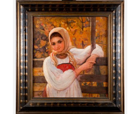 Sergej Vinogradov (1869-1938)- attributed, Portrait of a young girl in landscape, signed bottom left and dated 1917, on the r