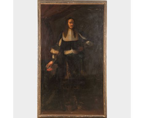 Giovanni Angelo Borroni (1684–1772)-attributed, Full size portrait of a Lombard nobleman, in front of a curtain, holding a le