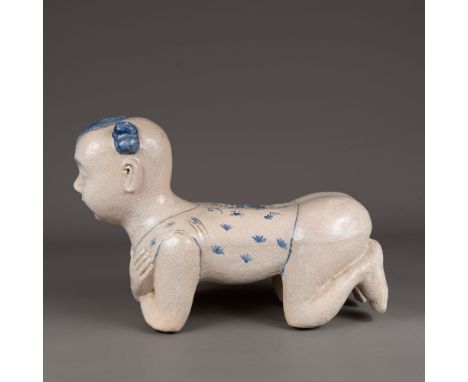 Chinese head rest, in form of erotic youth, ceramic, blue painted on white ground glazed, painted, crack decoration, around 1