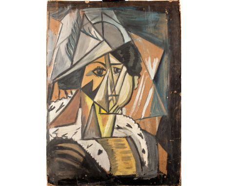 Cubist Artist first half 20th Century, Female portrait , tempera and watercolour on paper , on the reverse landscape , damage