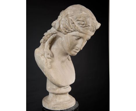 Classical Garden Bust, Female goddess looking to the side on round base, ceramic gesso or other moulding material; painted, w