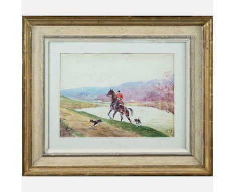 Karl Baron Reille (1886-1975), Hunting rider with dogs in landscape, watercolour on paper, signed bottom right, framed under 