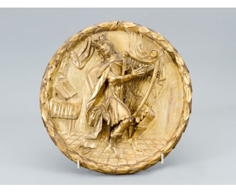 Baroque relief, King David playing the harp with book and curtains surrounded by laurel leaves; wood carved with original gil