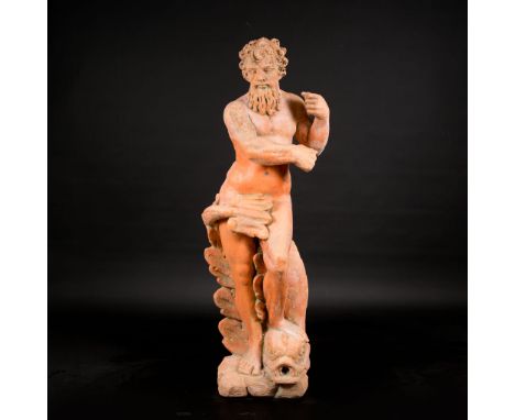 Poseidon Garden Sculpture, standing on a fish holding a tripod (missing), terracotta or composition stone; around 1900; weath