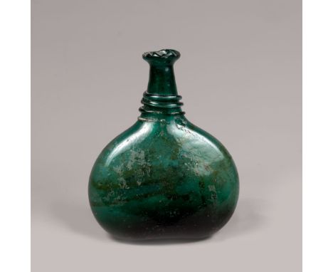 Early glass flask, in pear shape with long neck; spout and glass spirals, blue transparent mouth blown glass with bubbles; 16