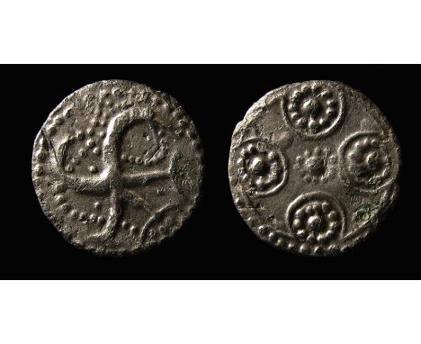 Anglo Saxon, an anonymous silver sceatta of the Secondary Phase series H, type 39, dating c. AD 720-760. Probably struck in H