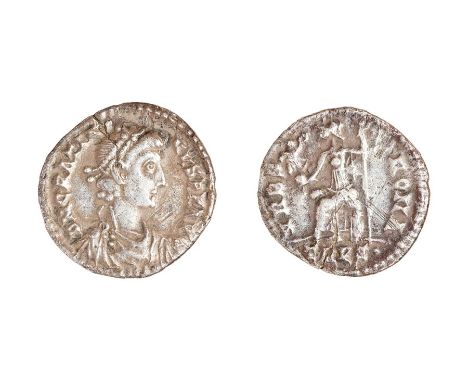 Roman, a silver siliqua struck for Gratian (AD 367-383) dating c. AD 374-377. Obverse: DN GRATIA-NVS PF AVG, pearl-diademed, 