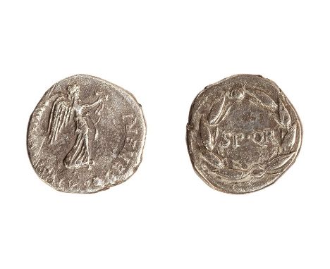 Roman, a silver denarius struck for Vindex during the revolt in Gallia Ludugensis from March-May of AD 68. Obverse: SALVS GEN