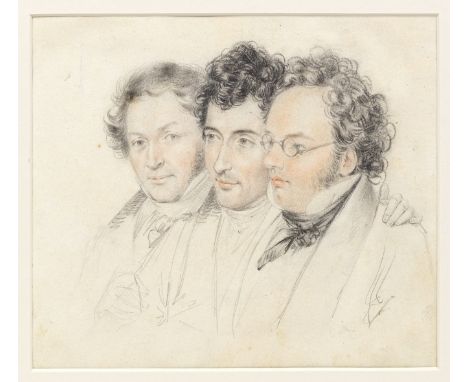 SCHUBERT (FRANZ)TELTSCHER (JOSEF) Portrait drawing of Schubert, Anselm Hüttenbrenner and Johann Baptist Jenger,  black and re