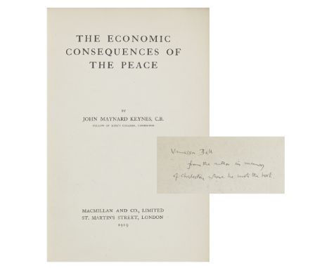 KEYNES (JOHN MAYNARD)The Economic Consequences of the Peace, FIRST EDITION, AUTHOR'S PRESENTATION COPY TO VANESSA BELL, inscr