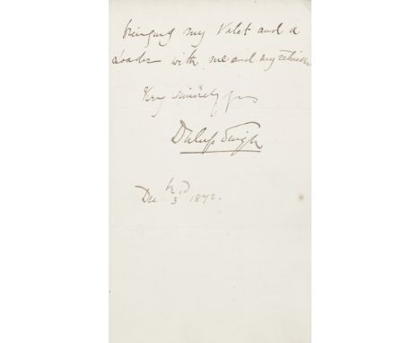 SINGH (DULEEP)Autograph letter signed ('Duleep Singh') to Frederick Oliver Robinson, Earl de Grey ('My dear De Grey'), asking