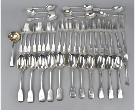 An assortment of George III and late Victorian silver flatware, dates ranging from 1806 (one fork) to 1889 (six dessert spoon