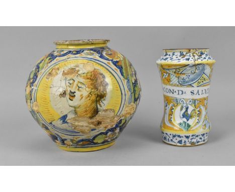 An Italian majolica bulbous shaped urn decorated with a central figural reserve to the front and back on a floral ground, tog