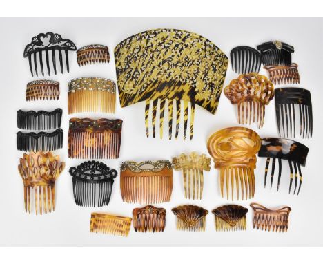 A collection of early 20th century faux and real tortoiseshell hair combs, comprising mantilla combs, one in jet, one art nou