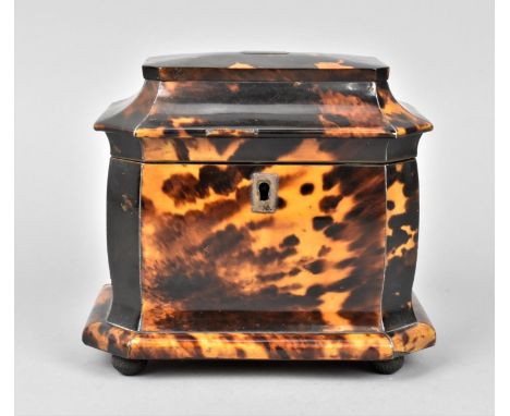A 19th century tortoiseshell tea caddy, of casket form with hinged lid lined with silk, opening to reveal two lidded compartm