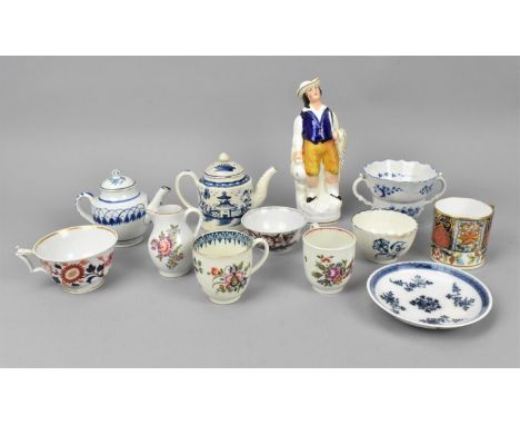 A collection of early English ceramics, to include late 18th century Worcester cups and a teabowl, the cups with hand painted