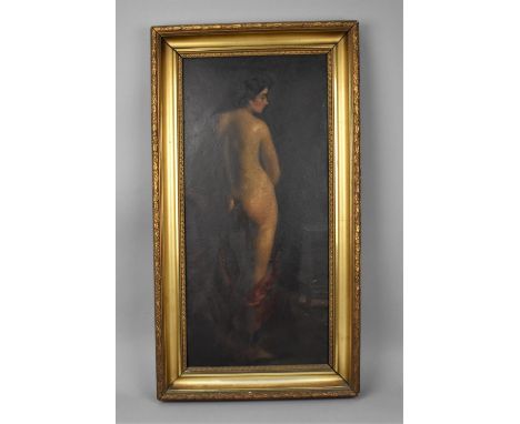 Continental School, 19th centuryfull length portrait of a nude maiden, with red draped sheet, oil on canvas, unsigned, within