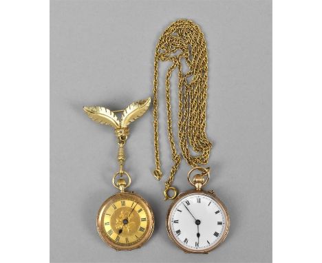 Two gold cased ladies pocket watches, to include one with gold coloured face with floral detail, the inside of the case stamp