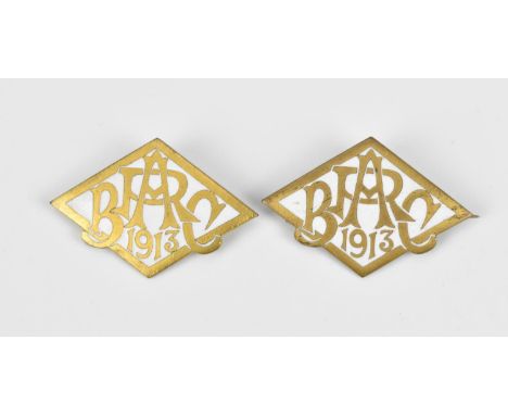 A pair of 1913 Brooklands Automobile Racing Club badges, with white enamel, numbers to the back reading No.1098 