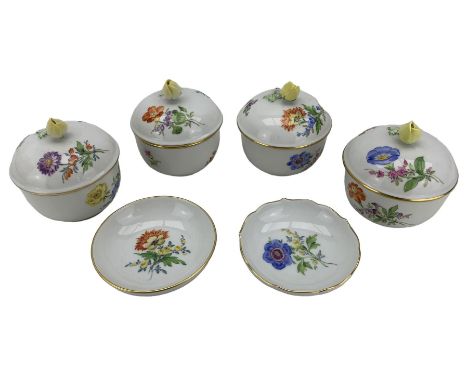 Set of four Meissen bowls and covers, each with flower knop finial and painted with floral sprays, pattern no. 040110/207, H9