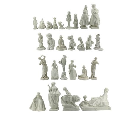 Group of twenty six white porcelain figures, including six Royal Worcester examples, others unmarked, H26cm and smaller (26)C
