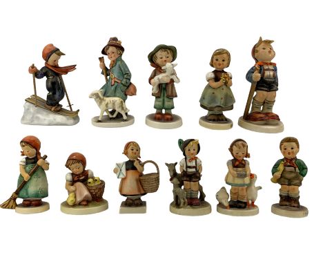 Ten Hummel figures including 'For Mother', 'The Lost Sheep', 'Chick Girl' and others, together with a Friedel Bavaria figure 