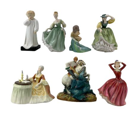 Six Royal Doulton figures 'St George' HN2051, 'Darling' HN1319, 'Katrina' HN2327, 'Meditation' HN2330, 'Fair Lady' HN2193, 'B