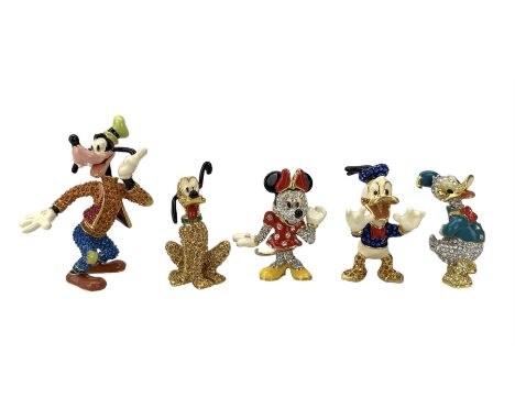 Arribas Collection - Pluto, Minnie Mouse, Donald Duck and Goofy, five Disney enamelled cast-metal figures set with Austrian c