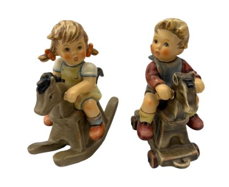 Pair of Hummel figures comprising Riding Lessons no. 2020 and Cowboy Corral no. 2021, H11.5cm max (2)