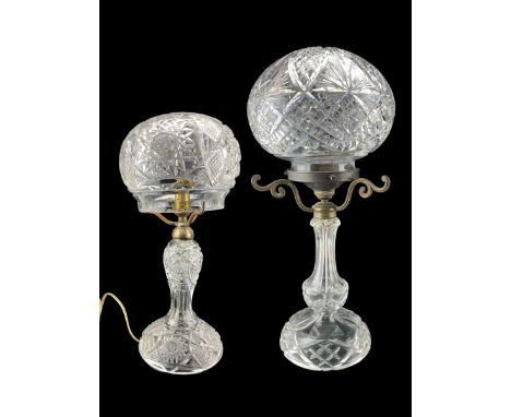 Cut glass table lamp with mushroom shade H46cm and another, smaller, with baluster stem H35cm (2)