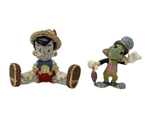Arribas Collection - Pinocchio and Jiminy Cricket, two Disney enamelled cast-metal figures set with Austrian crystal stones, 