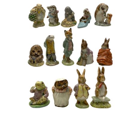 Fourteen Beswick Beatrix Pottery figures, each with brown line, including Mrs Tiggy Winkle, Mr Jeremy Fisher, Diggory Diggory
