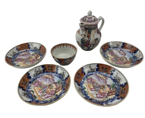 Chinese famille rose hot milk jug and cover, Qianlong period, painted with figures on a balcony within a scroll cartouche, on