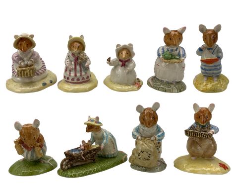 Nine Royal Doulton Brambly Hedge figures comprising Heading Home, Basil, Mrs Apple, Shell, Dusty Dogwood, Mr & Mrs Saltapple,