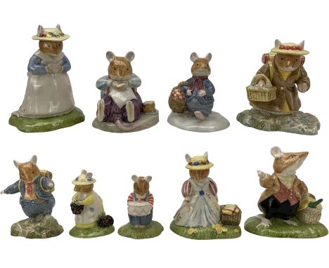 Nine Royal Doulton Brambly Hedge figures comprising Wilfred's Birthday Cake, Mr Toadflax, Flax Weaver, Poppy Eyebright, Lady 