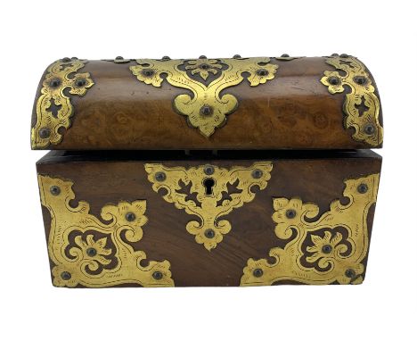 Victorian walnut and brass mounted tea caddy with domed top W24cm 