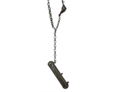 Middle Eastern silvered metal amulet holder, probably 18th century Iranian, of hexagonal cylindrical form with incised decora