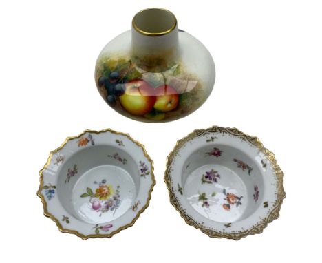 Royal Worcester porcelain squat form vase, hand painted with fruit, signed Roberts, H9cm together with a two Dresden hand pai