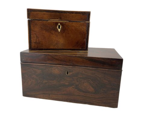 Early 19th century mahogany tea caddy with crossbanded decoration W19cm and a rosewood tea caddy with embossed metal handles 