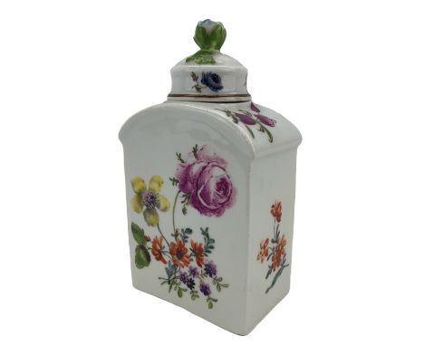 18th century Meissen porcelain tea caddy, of arched rectangular form with flower knop finial and painted throughout with flow