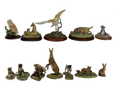 Border Fine Arts models including two Barn Owl figures from the Bird Series by Russell Willis, Border Terrier, Hare, Mice, va