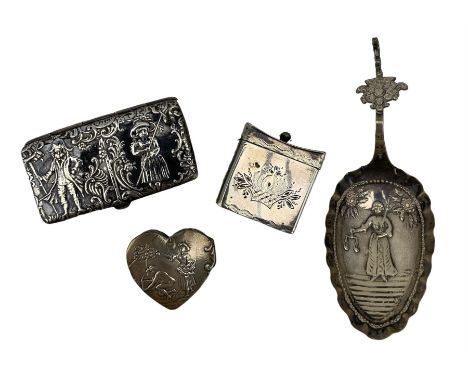 19th century Dutch rectangular silver box chased with rural figures 6.5cm import marks London 1898, Dutch heart shape pill bo