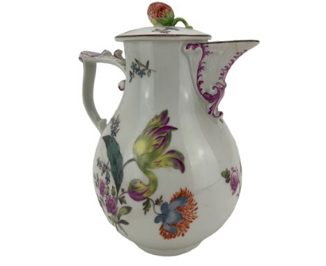 18th century Meissen hot water pot and cover, with strawberry finial and painted throughout with botanical studies and floral