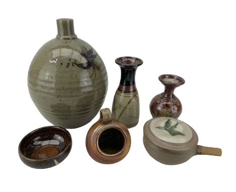 John Leach stoneware  salt with loop handle for Muchelney Pottery, Alan Brough lidded pot, large studio pottery lamp base H28