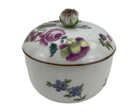 18th century Meissen sugar bowl and cover, with flower knop finial and painted throughout with botanical studies, blue crosse