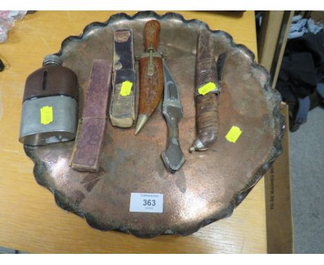 A COPPER TRAY WITH ENGRAVINGS, TWO CUT THROAT RAZORS,  A HIP FLASK ETC