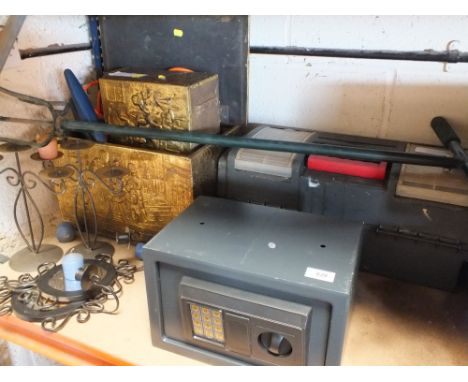 A COPPER COAL BOX, TOOLBOX, ELECTRIC SAFE (NO CODE/ KEY)